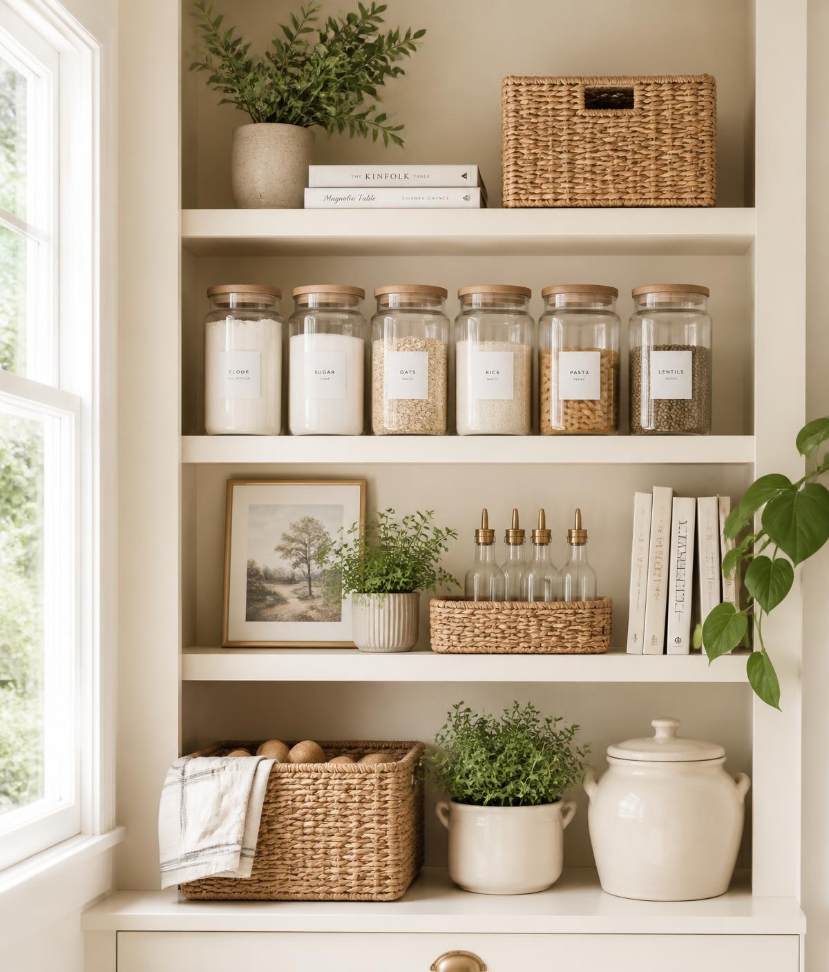 Organized cream shelving with woven baskets and labeled glass jars