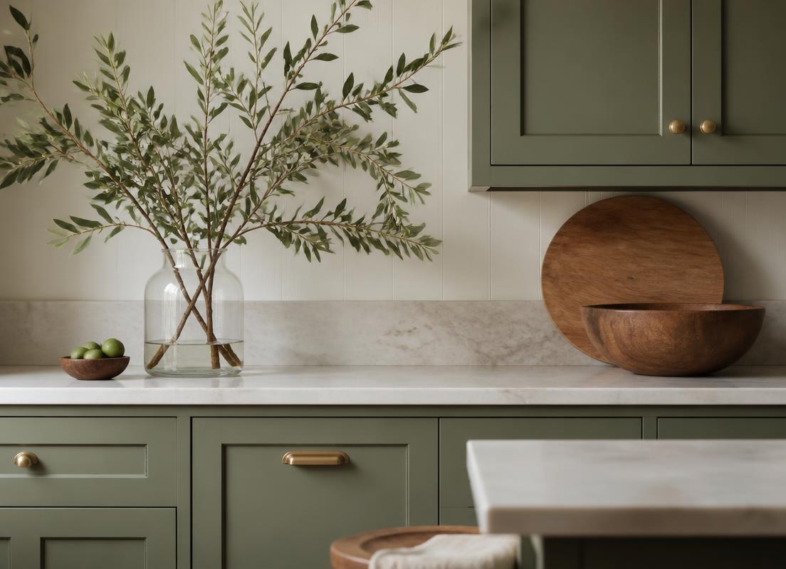 Sage green kitchen with olive branches and wooden bowls